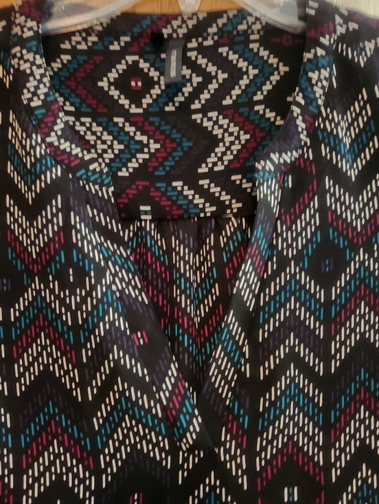 Maurices Black Geometric V-Neck Blouse with Teal & Plum Accents - Picture 6 of 9